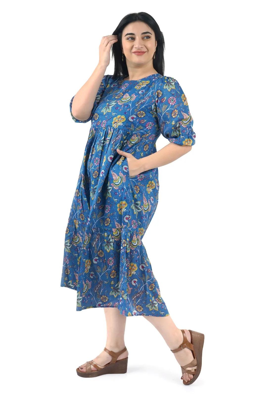 Women's Sage Blue Rayon cotton volie Dress with Pockets view 3